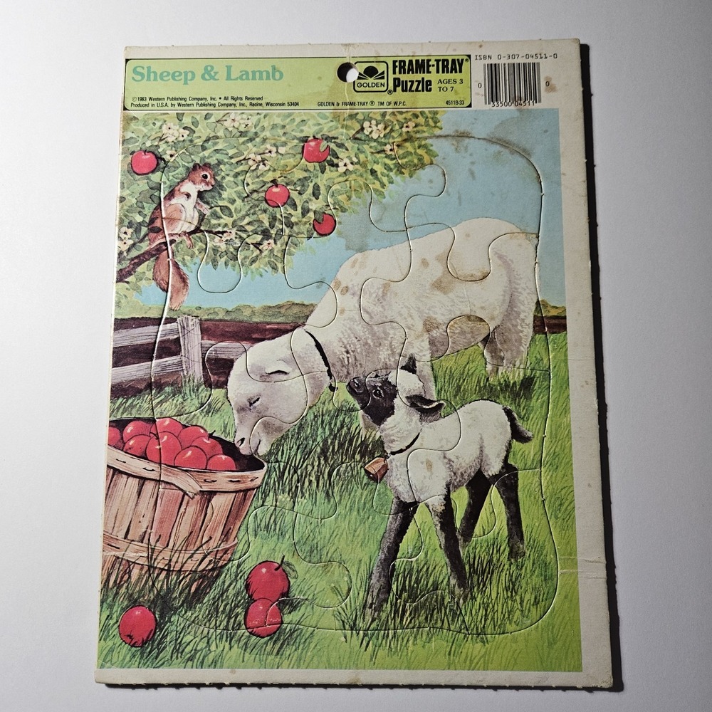 Vintage Golden Sheep & Lamb Squirrel Apples Frame Tray Puzzle 1983 Cardboard